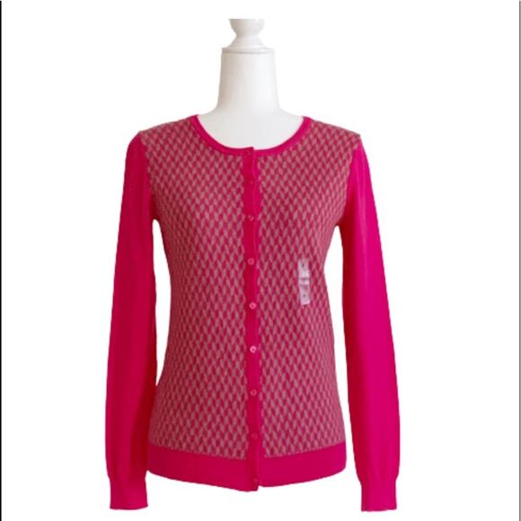 Old Navy Cardigan Sweater Fuchsia Tan Geo Print Crew Neck Button Front Small NEW - Picture 15 of 16